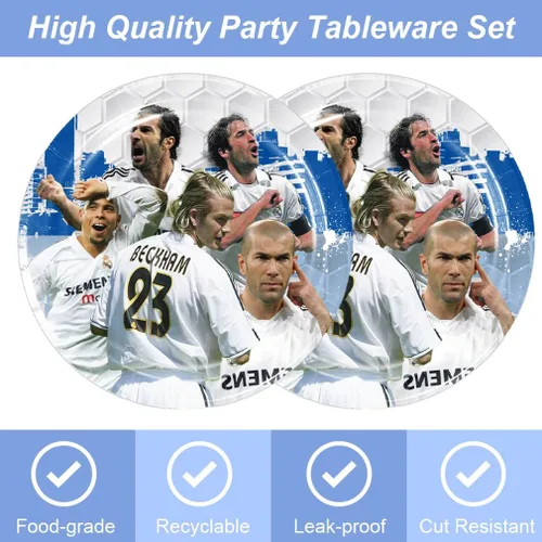 Vista 3 de 40 piezas de suministros para fiesta de cumpleaños del Real Madrid incluyen 20 platos, 20 servilletas para la decoración de la fiesta del Real Madrid