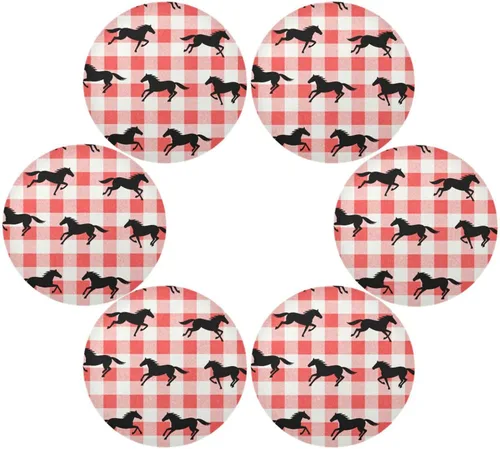 Vista 3 de Red Checkered Running Horse Circle placemats Solid placemats for Dining Table Set of 4 15x15 in individuales para comedor