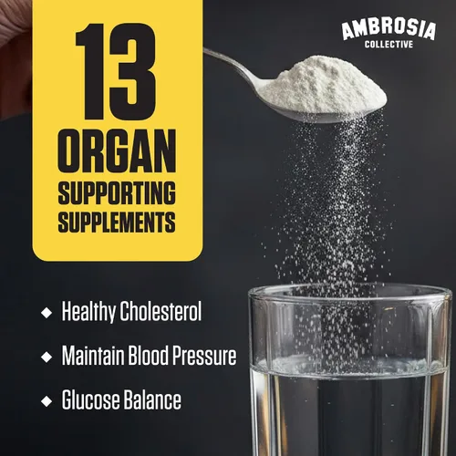 Vista 2 de Ambrosia Superfood Polvo de apoyo para órganos y ciclos Soporte hepático y renal con cardo mariano, arroz de levadura roja y CoQ10 13
