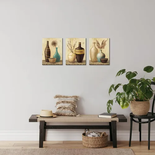 Vista 4 de sechars Arte de pared vintage con florero, flores de granja, pintura de hierba de las pampas, lienzo, cuadros de lienzo, arte estético retro marrón