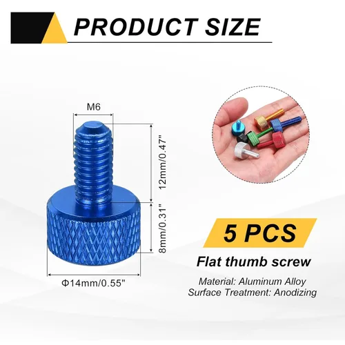 Vista 93 de MECCANIXITY 5 piezas M6x14mm Tornillos de pulgar estriado de cabeza plana, pernos de rosca completa de aleación de aluminio sólido para carcasas