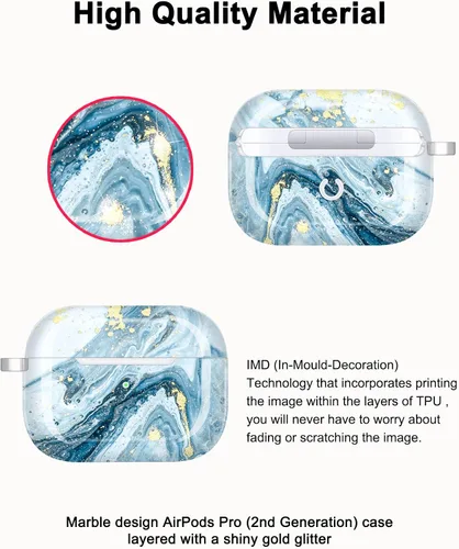 Vista 2 de Funda para Airpods Pro de 2ª generación, diseño de mármol con purpurina dorada, piel protectora de TPU para mujeres y niñas con llavero compatible