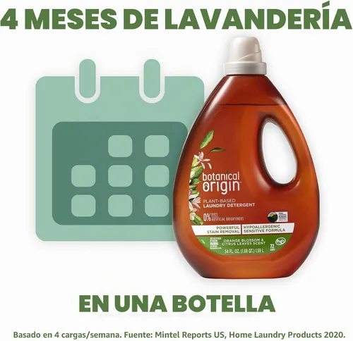 Vista 8 de Botanical Origin Detergente para ropa a base de plantas Azahar y hojas de cítricos, 54 oz (72 cargas)