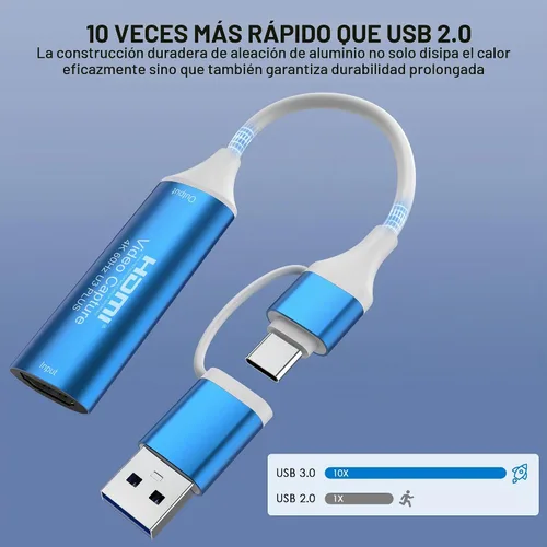 Vista 6 de Tarjeta de captura de video HDMI 4K 60Hz salida, HDMI a USB 3.0 A y USB C tarjeta de captura para cámara/Xbox/PS5/4/PC/OBS/Switch 2 Azul
