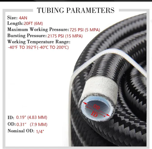 Vista 2 de Manguera de línea de combustible 1/4 4AN 20FT PTFE trenzado Fit E85 etanol