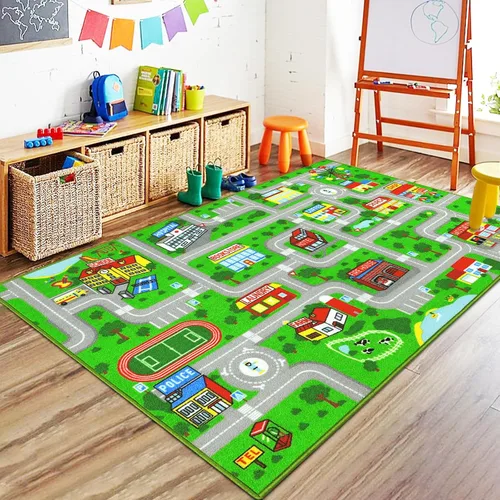 Vista 20 de Capslpad Alfombra Azul de Coche y Carretera para Niños, Alfombra de Juego para Sala de Juegos, Alfombra Antideslizante Lavable con Mapa de la Ciudad