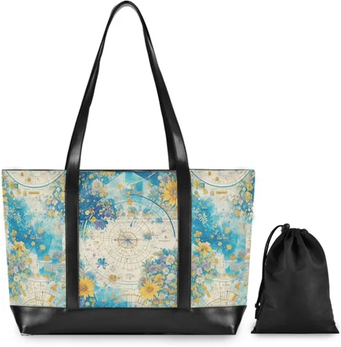 Vista 2 de Abstracto Reloj Redondo Estilo Flores Amarillas Bolsa de lona simple para portátil con cremallera Bolso grande para Viajes Piscina Natación Playa