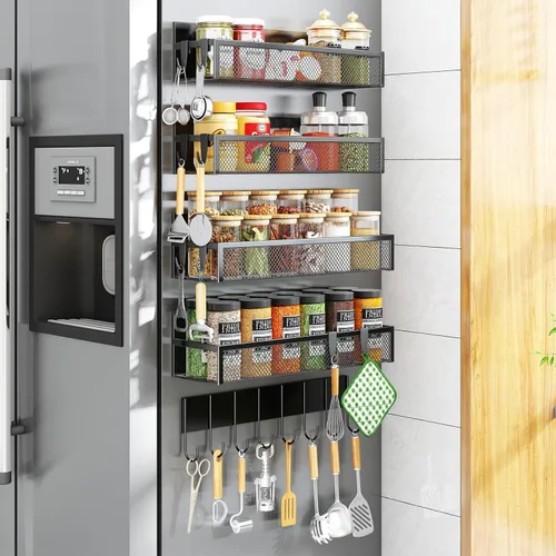 Vista 9 de Aufworld Estante magnético para especias para refrigerador, paquete de 2 estantes magnéticos, organizador magnético para refrigerador con 4 ganchos