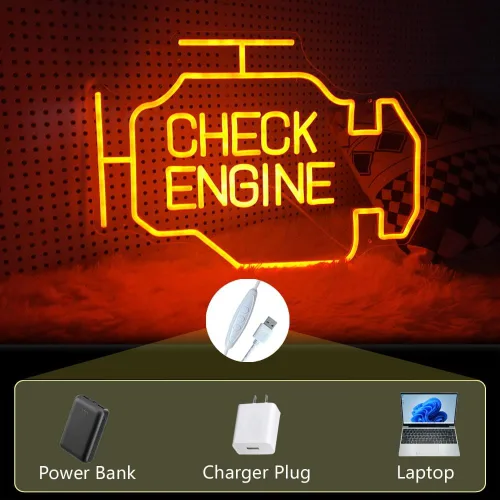 Vista 2 de Letrero de Neón Grande, Letrero de Neón Check Engine Light para Decoración de Pared, Letrero de Neón LED para Taller de Reparación de Autos Garaje