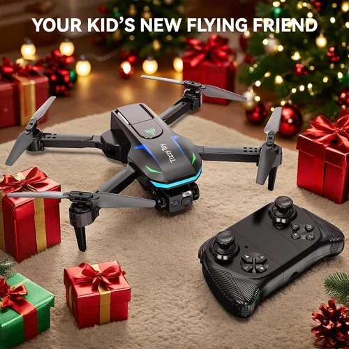 Vista 7 de Dron con cámaras duales 1080P FHD para principiantes, adultos y niños, WiFi FPV, menos de 8.78 oz, lente de absorción de impactos ajustable de 90°