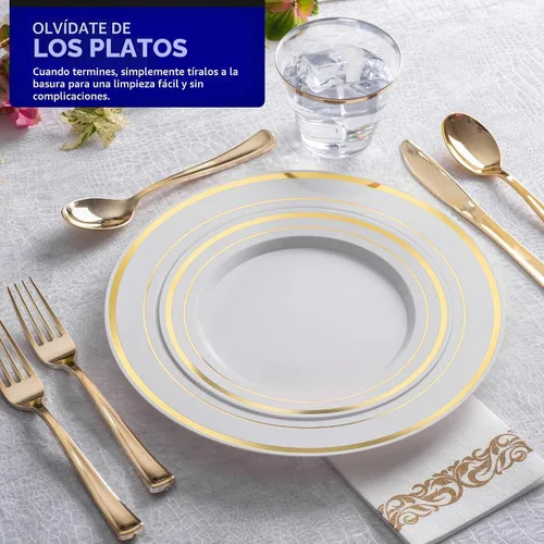 Vista 7 de Juego de cubiertos de plástico resistente (dorado) de 75 piezas, juego de cubiertos desechables, ideal para fiestas, bodas y catering, cubiertos