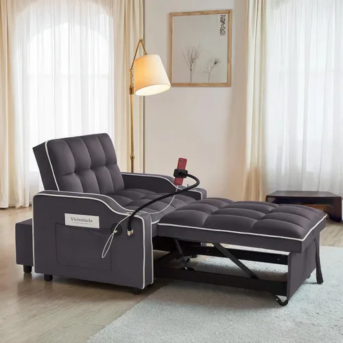 Vista 8 de Sofá cama extraíble pequeño de 69 pulgadas, sofá cama convertible 3 en 1, respaldo ajustable con soporte para teléfono, bolsillo lateral y puerto
