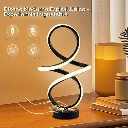 Vista 5 de Mayful Moderna lámpara de mesa en espiral, lámpara de noche con puertos USB C y A, control táctil regulable con 3 temperaturas de color, lámpara LED