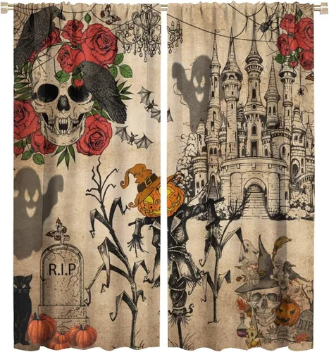 Vista 18 de Divertidas cortinas opacas de calabaza y espantapájaros para sala de estar, rústicas de otoño, hojas de arce, girasol, cosecha de otoño, puesta