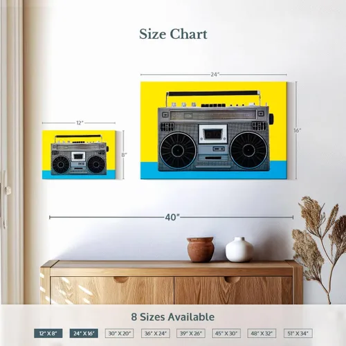 Vista 4 de ElephantStock - Retro Silver Boombox Wall Art - Horizontal Canvas Wall Art - Living Room Wall Decor - Photography Music Canvas Art - Yellow And