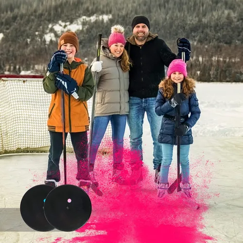 Vista 7 de Discos de hockey para fiesta de revelación de género – Discos de hockey sobre hielo rosa y azul, suministros para fiesta de revelación de género
