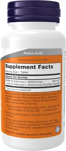 Vista 2 de NOW Suplementos, SAMe (S-Adenosil-L-Metionina) 400 mg, Soporte del Sistema Nervioso*, 60 Tabletas
