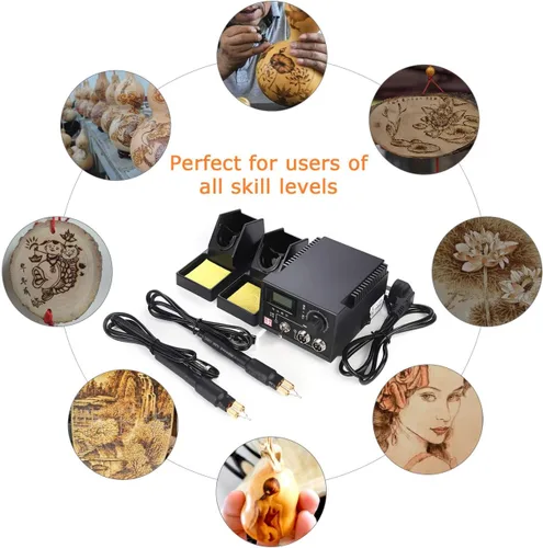 Vista 7 de TOPCHANCES Kit de herramientas para quemar madera, 110 V, 60 W, pirografía profesional, kit de combustión de madera con doble bolígrafo y puntas