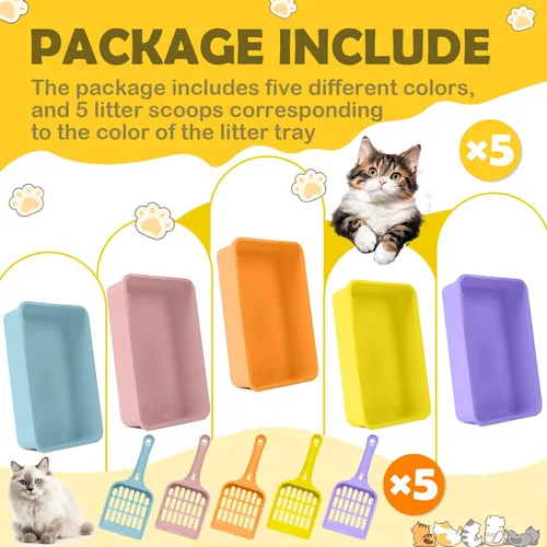 Vista 3 de Juego de 5 piezas de arena pequeña para gatitos, caja de arena abierta para gatos con 5 cucharas, caja portátil mediana y grande para mascotas