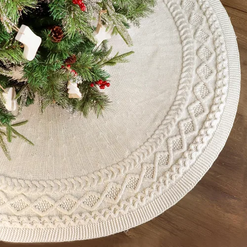 Vista 3 de Falda de árbol de Navidad de 60 pulgadas: falda de árbol grande para árbol de 9 pies, falda de árbol blanco crema de punto con borde de diamante