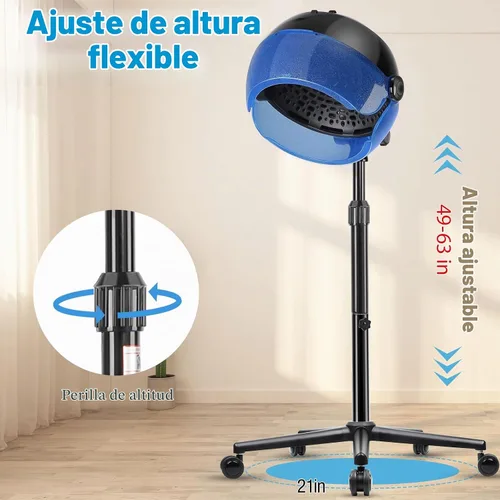 Vista 3 de Secador de pelo con capucha, secador de pelo de pie de 1500 W con ajustes de tiempo, controles táctiles y 3 modos de temperatura, secadora iónica