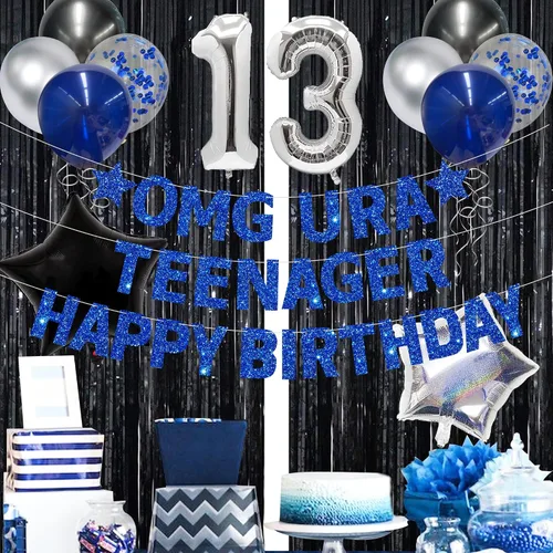 Vista 4 de Blue Omg Ur A Teenager - Cartel de feliz cumpleaños con flecos de papel de aluminio negro, telón de fondo plateado 13 para niños, decoración