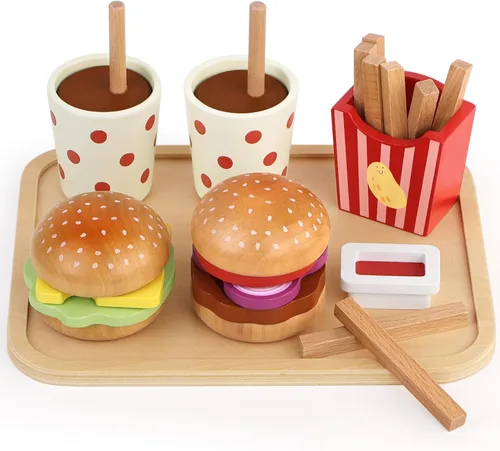 Vista 9 de Juguetes de madera para cupcakes, 21 piezas, juguetes de comida para hornear con coberturas intercambiables, regalo de fiesta de té Montessori