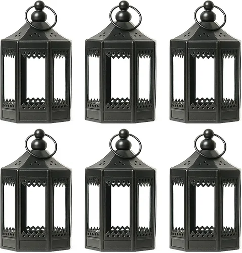 Vista 10 de Vela Lanterns - Portavelas de té, mini centros de mesa, color negro Halloween & Wedding Decor, Decorative Indoor Moroccan Metal Glass Hanging