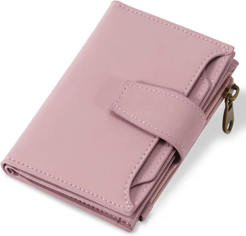 Vista 28 de Airkit Cartera para mujer, pequeña cartera de cuero para mujer, plegable, compacta, con bloqueo RFID, tarjetero de crédito, mini bolso de viaje