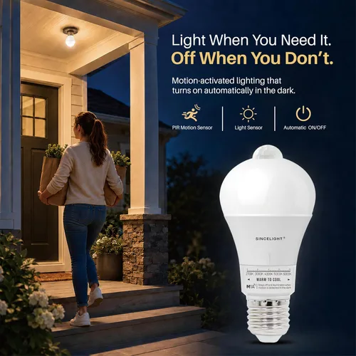 Vista 13 de SINCELIGHT - Bombilla LED con sensor de movimiento de 10 W con base E26, activada por movimiento PIR en la oscuridad, encendido/apagado automático 5