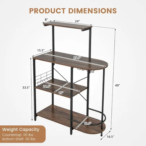 Vista 3 de Giantex Estante de cocina para panaderos, soporte para microondas de 4 niveles con 6 ganchos y estantes para copas, estante superior desmontable