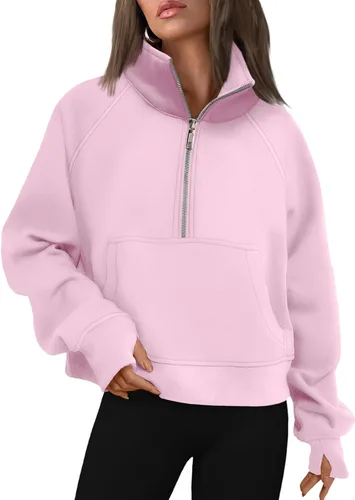 Vista 14 de AUTOMET Sudaderas con media cremallera para mujer, sudadera corta de vellón con cremallera de un cuarto, sudaderas con capucha para el otoño, a