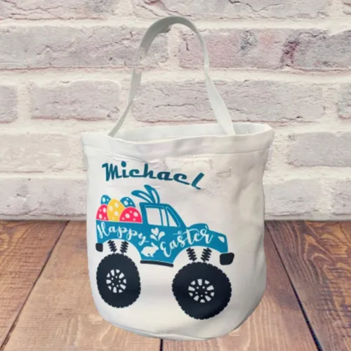 Vista 2 de Cestas de Pascua personalizadas para niños vacías – Cubo para caza de huevos – Nombre personalizado – Cubo de lona con asas