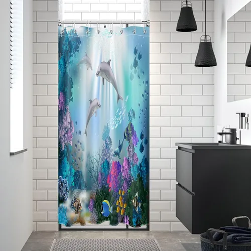 Vista 5 de Dolphin - Cortina de ducha pequeña de 48 x 68 pulgadas, forro de cortina de ducha de tamaño medio océano azul, cortina de ducha estrecha de peces
