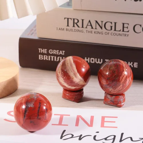 Vista 3 de TUMBEELLUWA Escultura de bola de cristal de jaspe rojo redondo natural de 1.57 pulgadas con soporte de piedra, figura decorativa de esfera de piedra