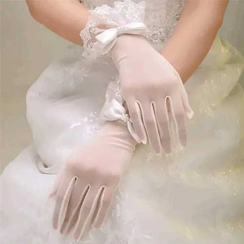 Vista 4 de R STAR - Guantes cortos de encaje floral, guantes de longitud de muñeca para mujer para boda (B), B