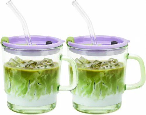 Vista 16 de Luxfuel Vaso Tumbler de Agua de Vidrio de 13 onzas con Pajita y Tapa, Tazas Reutilizables para Café Helado, Té Helado, Vaso Tumbler de Vidrio