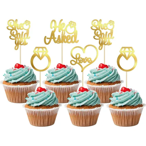Vista 14 de Gyufise Paquete de 24 adornos para cupcakes con purpurina negra con la frase "He Asked She Said Yes" para cupcakes, anillos de corazón con purpurina