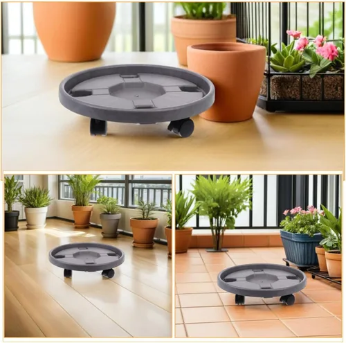 Vista 3 de 2pcs Round Plant Stand Roller Trolley with Brake Casters, Plastic Thickened Base with 360° Swivel Wheels, Water-catching Tray, for Planter Boxes and