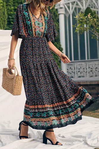 Vista 6 de PRETTYGARDEN - Vestido bohemio casual de verano para mujer, con estampado floral, cuello en V, manga corta, cintura alta, largo hasta el piso