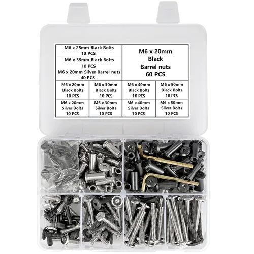 Vista 2 de Mix 100 Set M6x20/25/30/35/40/50mm Tornillos de muebles negros con tuercas hexagonales y de barril Kit de tornillos de poste de unión para pernos