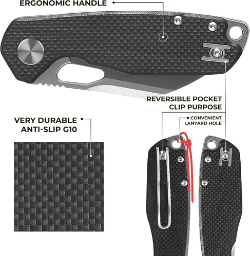 Vista 4 de Firebird GANZO FH924-BK Cuchillo Plegable de Bolsillo con Rodamiento de Bolas Wharncliffe Hoja de Acero D2 Mango G10 Antideslizante con Clip Camping
