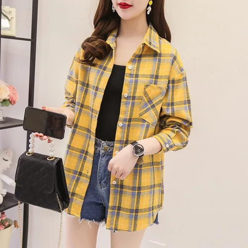 Vista 2 de Polyester Gingham Long Multi-Pocket Shirts Ladies Vacation Summer T Shirts Cozy Lapel Long Sleeve Boxy Fit Women Tops