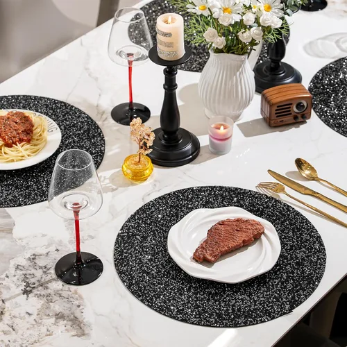 Vista 6 de Mantel individual negro de pedrería con diamantes triturados brillantes redondos lavables con purpurina para otoño, Halloween, boda, Navidad