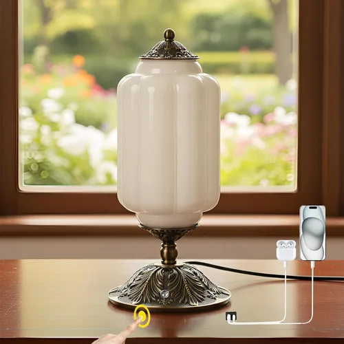 Vista 11 de Lámpara de mesa vintage de vidrio de leche con control táctil, elegante lámpara de noche de vidrio blanco regulable de 3 vías con puertos de carga