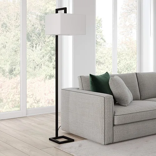 Vista 2 de Henn&Hart 68" Traditional 1-Light Floor Lamp with White Fabric Rectangle Shade for Living Room, Bedroom, or Office, Black