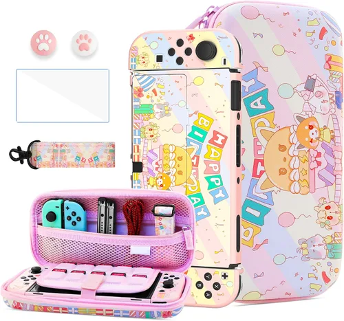 Vista 15 de HYPERCASE 8 in 1 Cute Anime Switch OLED Accessories Bundle, with Pink Switch OLED Carrying Travel Case, Hard PC Protective Cover Skin, HD Screen