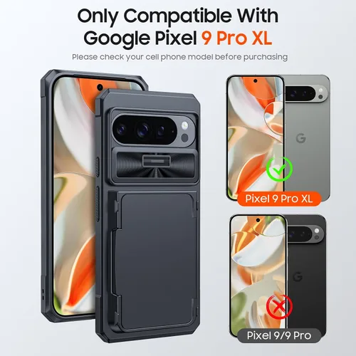 Vista 2 de CENMASO - Funda para Google Pixel 9 Pro XL con tarjetero (4 tarjetas), funda deslizante para cámara y función atril, bloqueo RFID, protección