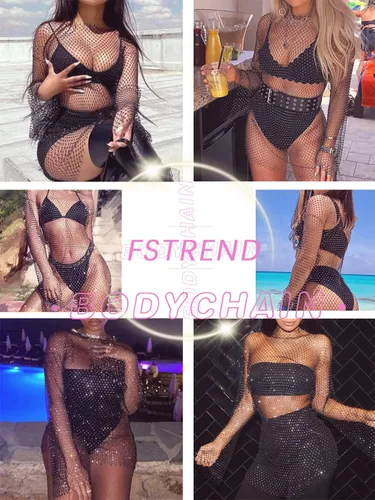 Vista 6 de Fstrend Cadenas de cuerpo de malla de cristal Rhinestone Fishnet Black Crop Top manga larga ver a través del bikini