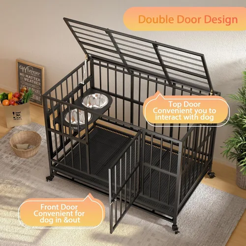 Vista 7 de LOVMOR Jaula para perros resistente de 37 pulgadas con ruedas/varilla de elevación de aire única, 360° y 2 cuencos ajustables, jaula para perros